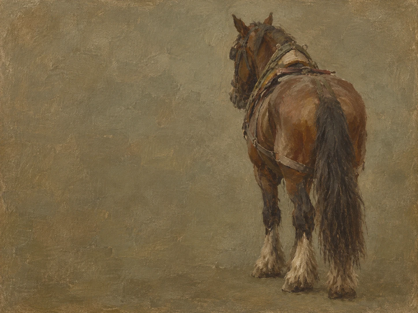 A working horse seen from behind in olive, taupe, charcoal, brown; landscape artwork.