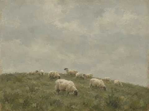 A flock of sheep as pale marks on a hill in sand, gray, olive, stone; landscape artwork.