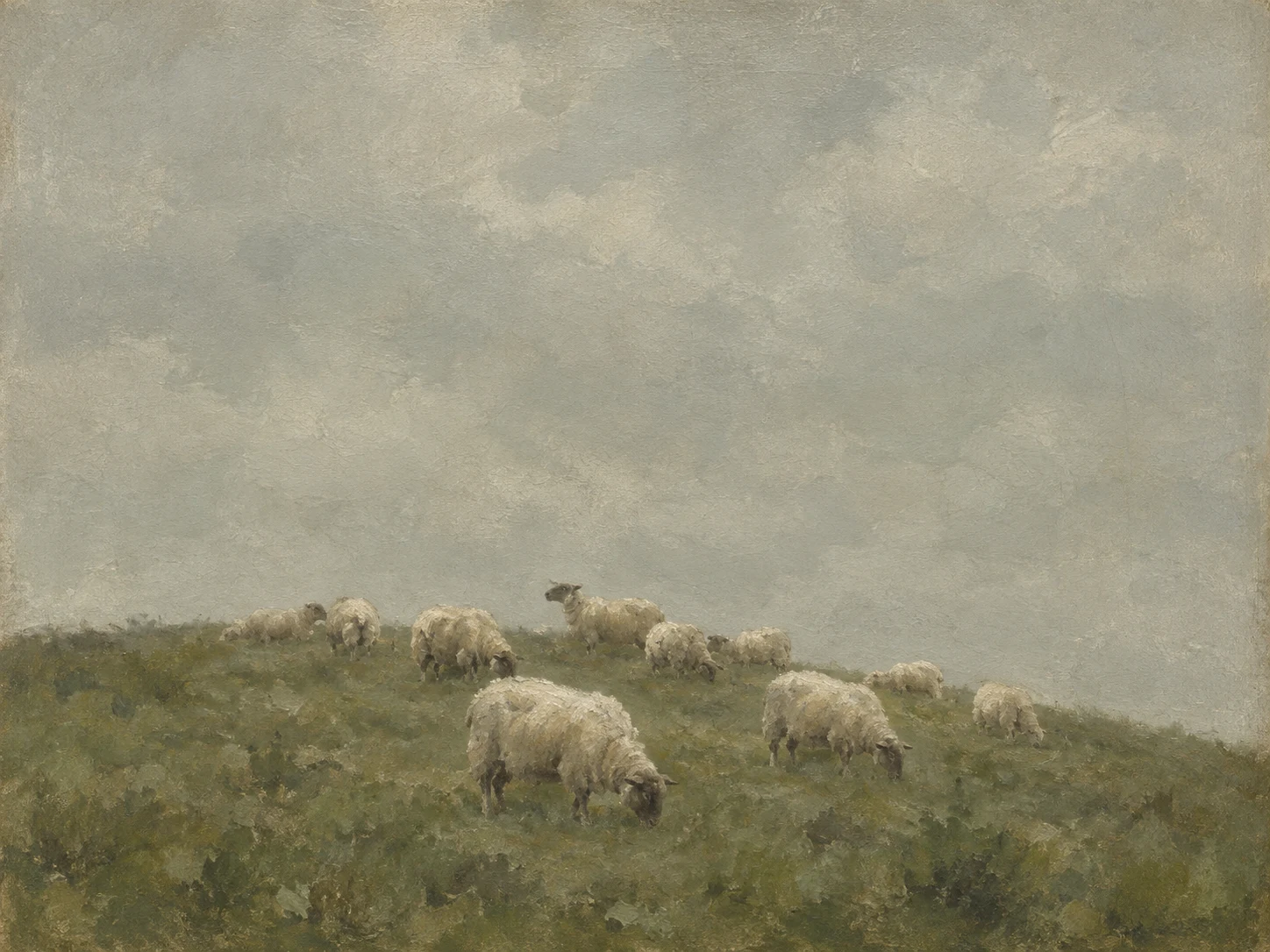 A flock of sheep as pale marks on a hill in sand, gray, olive, stone; landscape artwork.