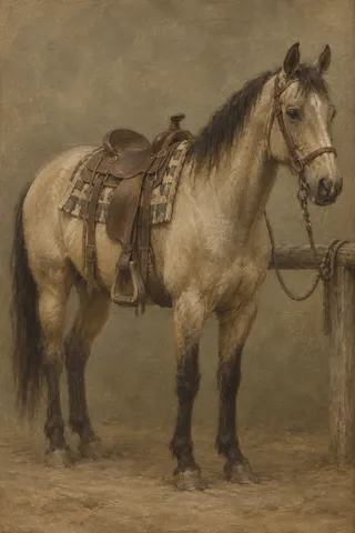 A saddled horse tied at a rail in taupe, brown, olive, charcoal; portrait artwork.