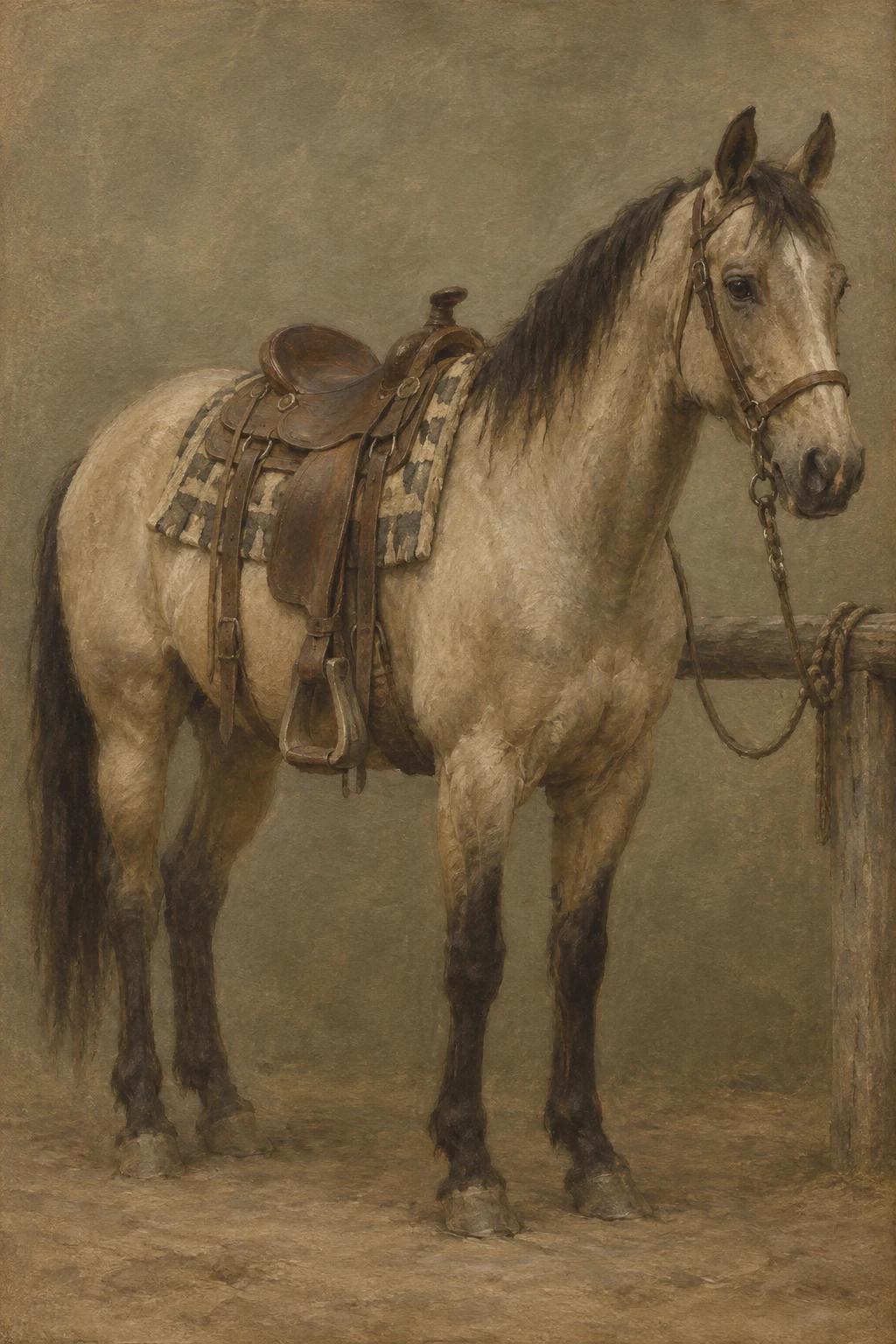 A saddled horse tied at a rail in taupe, brown, olive, charcoal; portrait artwork.