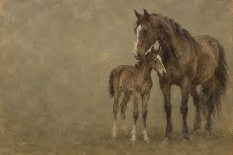 A foal close to its mother in taupe, olive, charcoal, brown; landscape artwork.