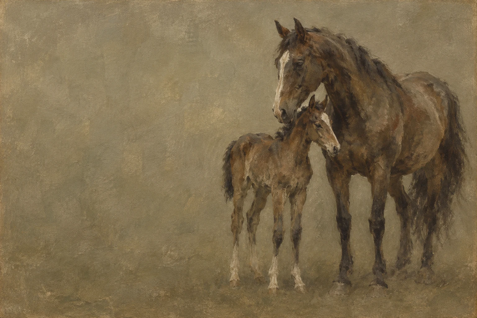 A foal close to its mother in taupe, olive, charcoal, brown; landscape artwork.