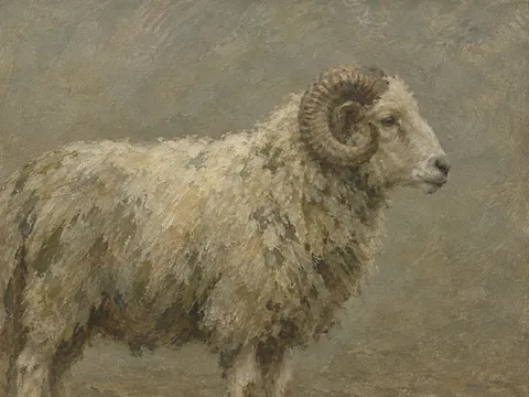 A ram in profile on bare ground in taupe, olive, brown, sage; landscape artwork.