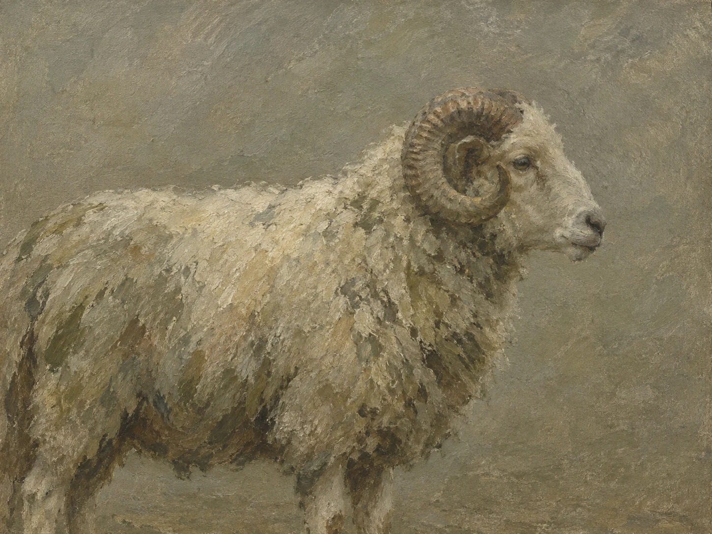 A ram in profile on bare ground in taupe, olive, brown, sage; landscape artwork.