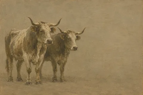 A pair of oxen standing still in taupe, sage, brown; landscape artwork.