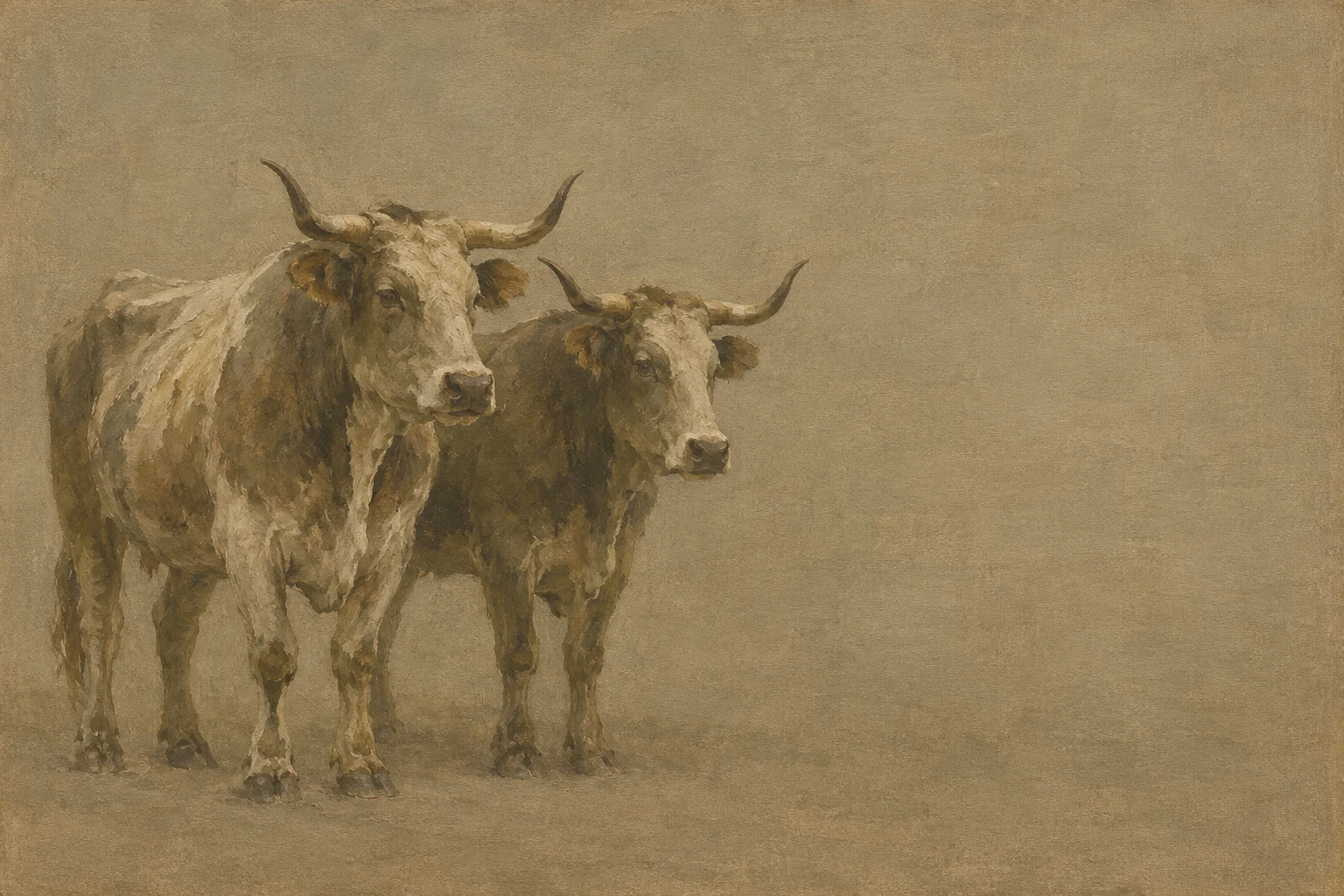 A pair of oxen standing still in taupe, sage, brown; landscape artwork.
