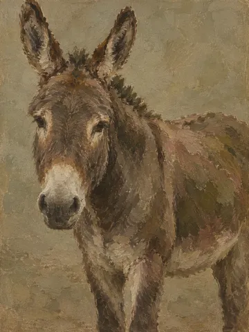 A donkey in a bare yard in taupe, brown, olive, charcoal; portrait artwork.