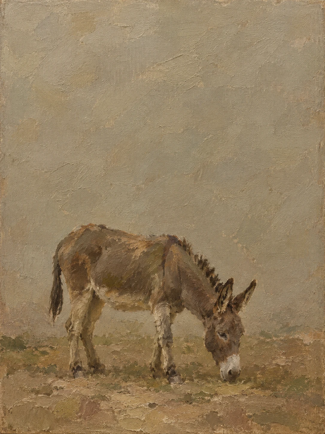 A donkey in a bare yard in sage, taupe, olive, brown; portrait artwork.