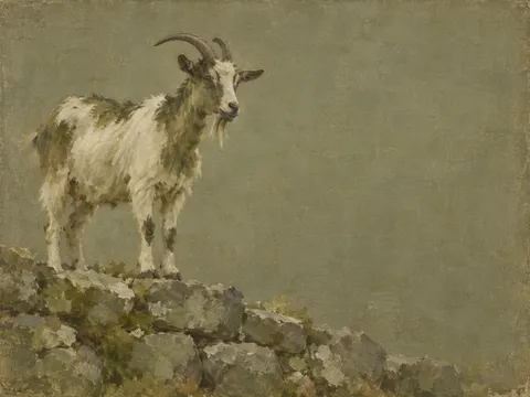 A goat on a stone wall in taupe, olive, brown, sage; landscape artwork.