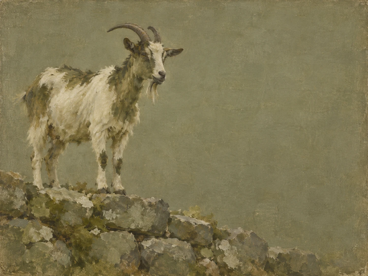 A goat on a stone wall in taupe, olive, brown, sage; landscape artwork.