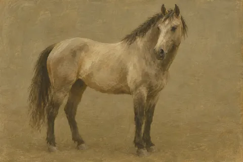 A horse standing three-quarters on in a paddock in taupe, brown, olive, sage; landscape artwork.