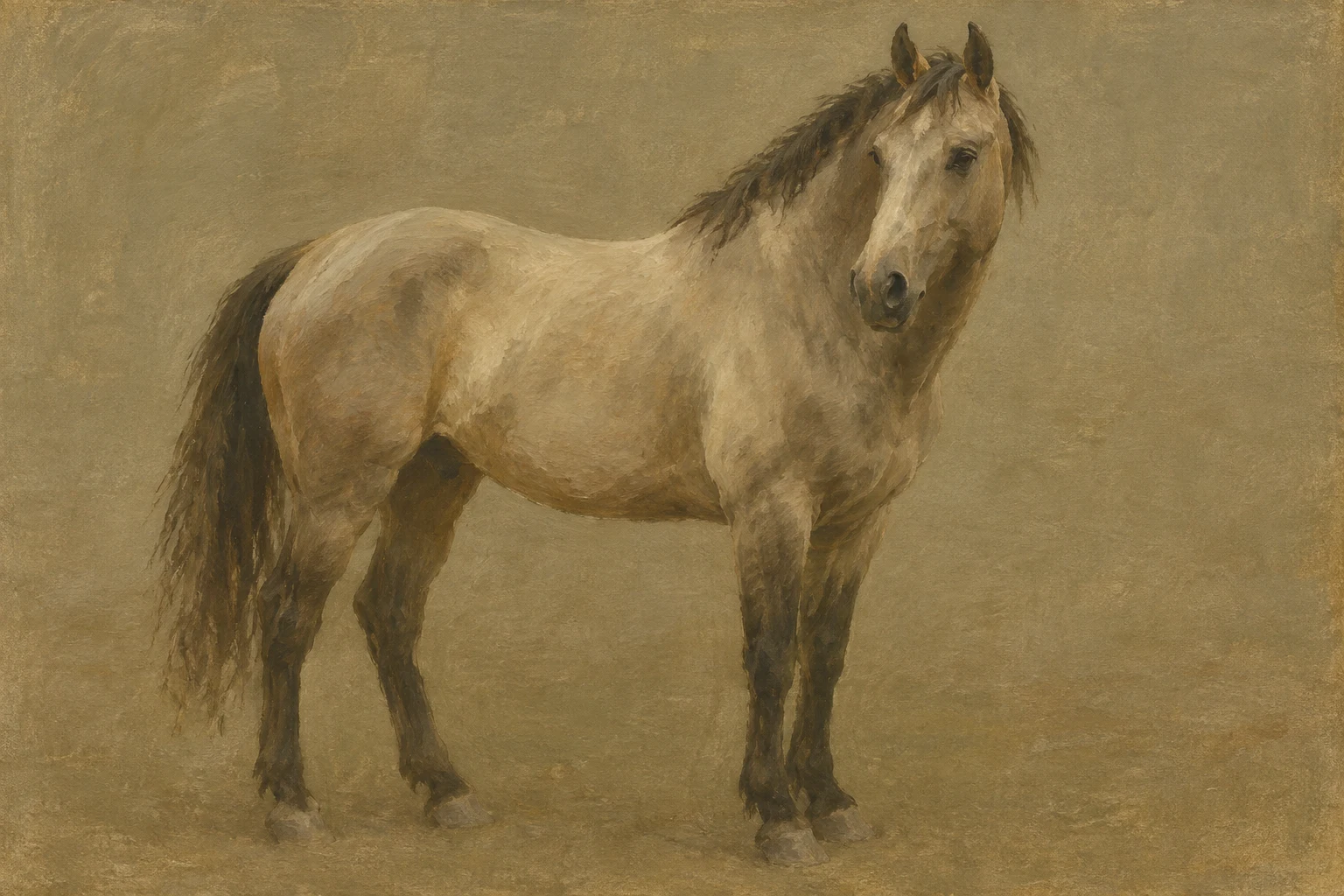 A horse standing three-quarters on in a paddock in taupe, brown, olive, sage; landscape artwork.