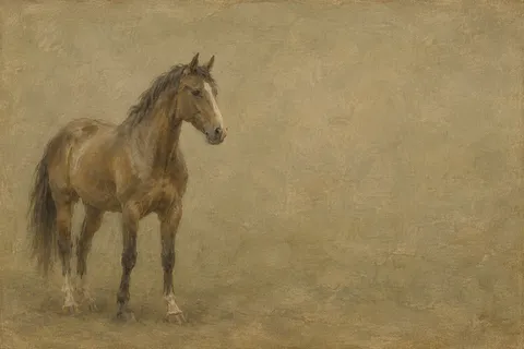 A horse standing three-quarters on in a paddock in sage, taupe, brown; landscape artwork.