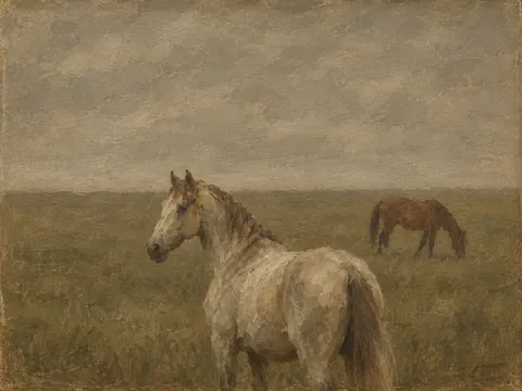 Two horses at distance across a field in taupe, olive, brown, sage; landscape artwork.