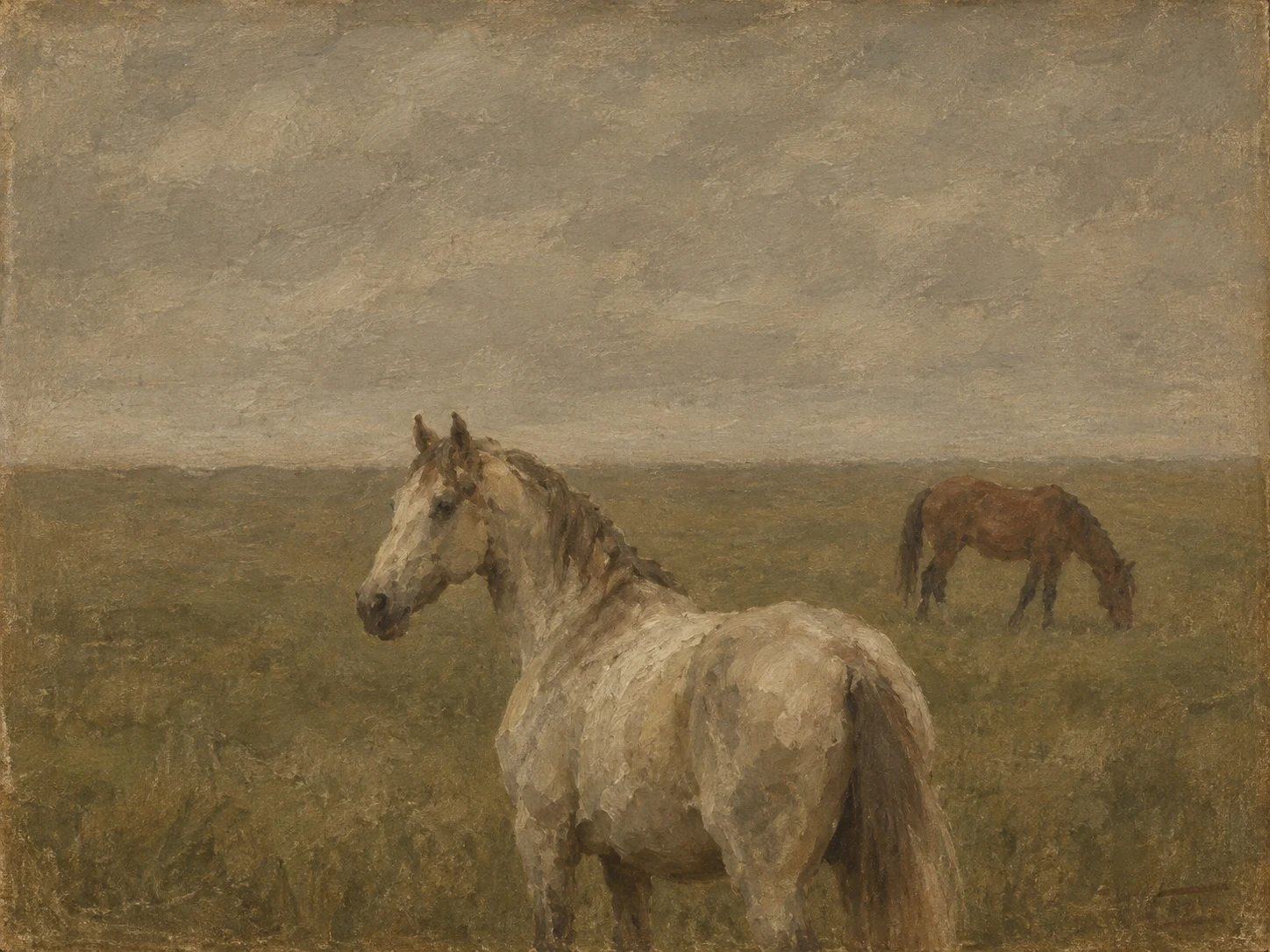 Two horses at distance across a field in taupe, olive, brown, sage; landscape artwork.