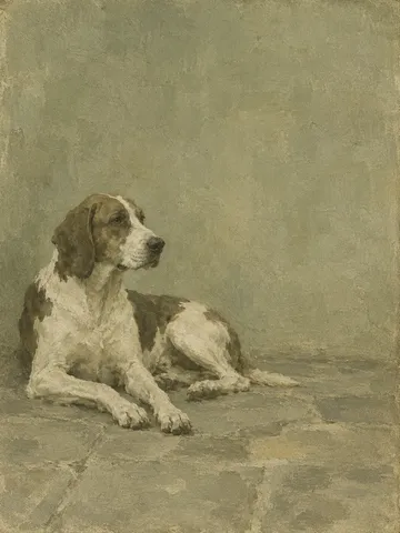 A hound lying on a stone floor in sage, taupe, sand, olive; portrait artwork.