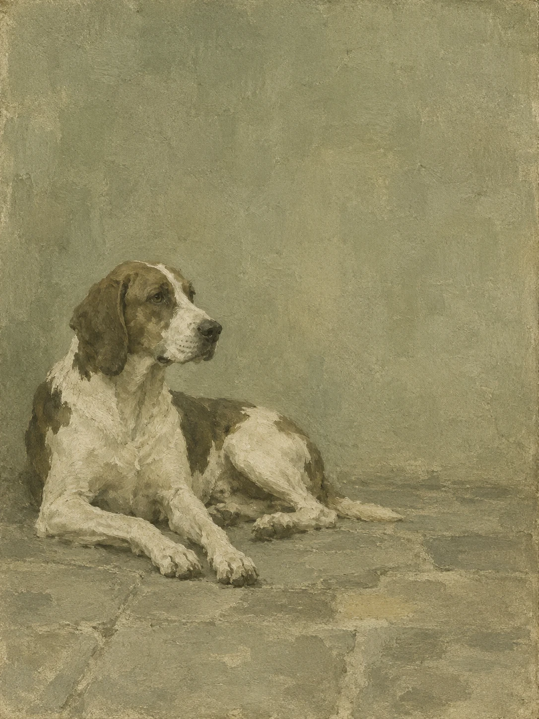 A hound lying on a stone floor in sage, taupe, sand, olive; portrait artwork.