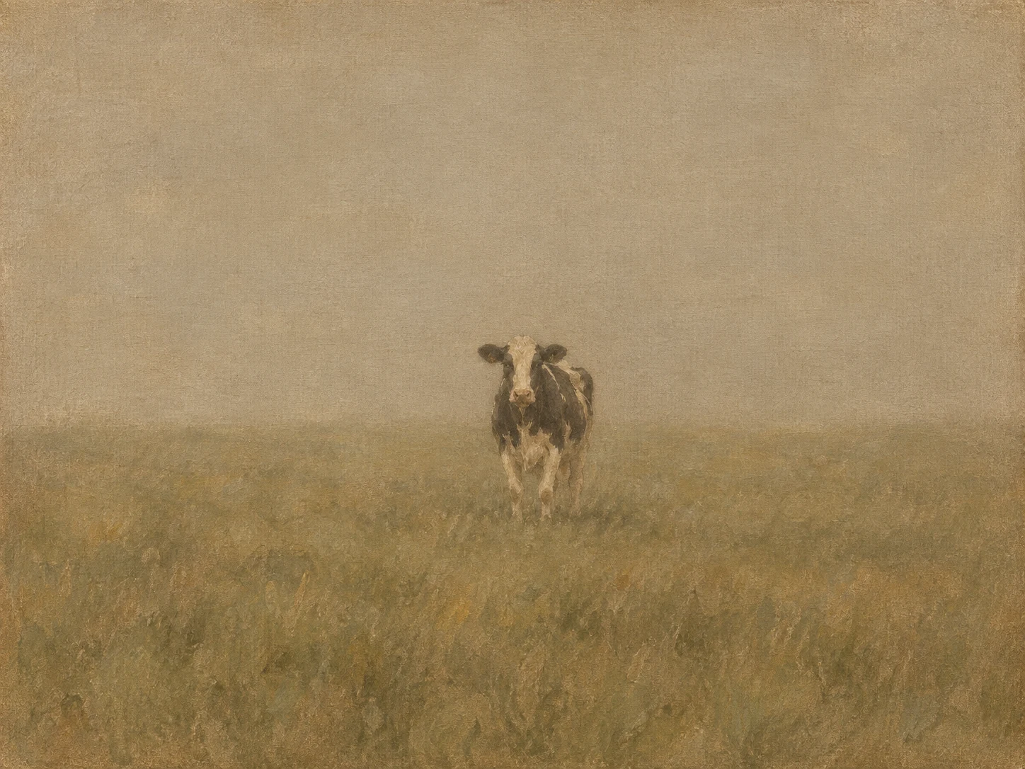 A dairy cow head-on in flat light in sand, taupe, sage, olive; landscape artwork.