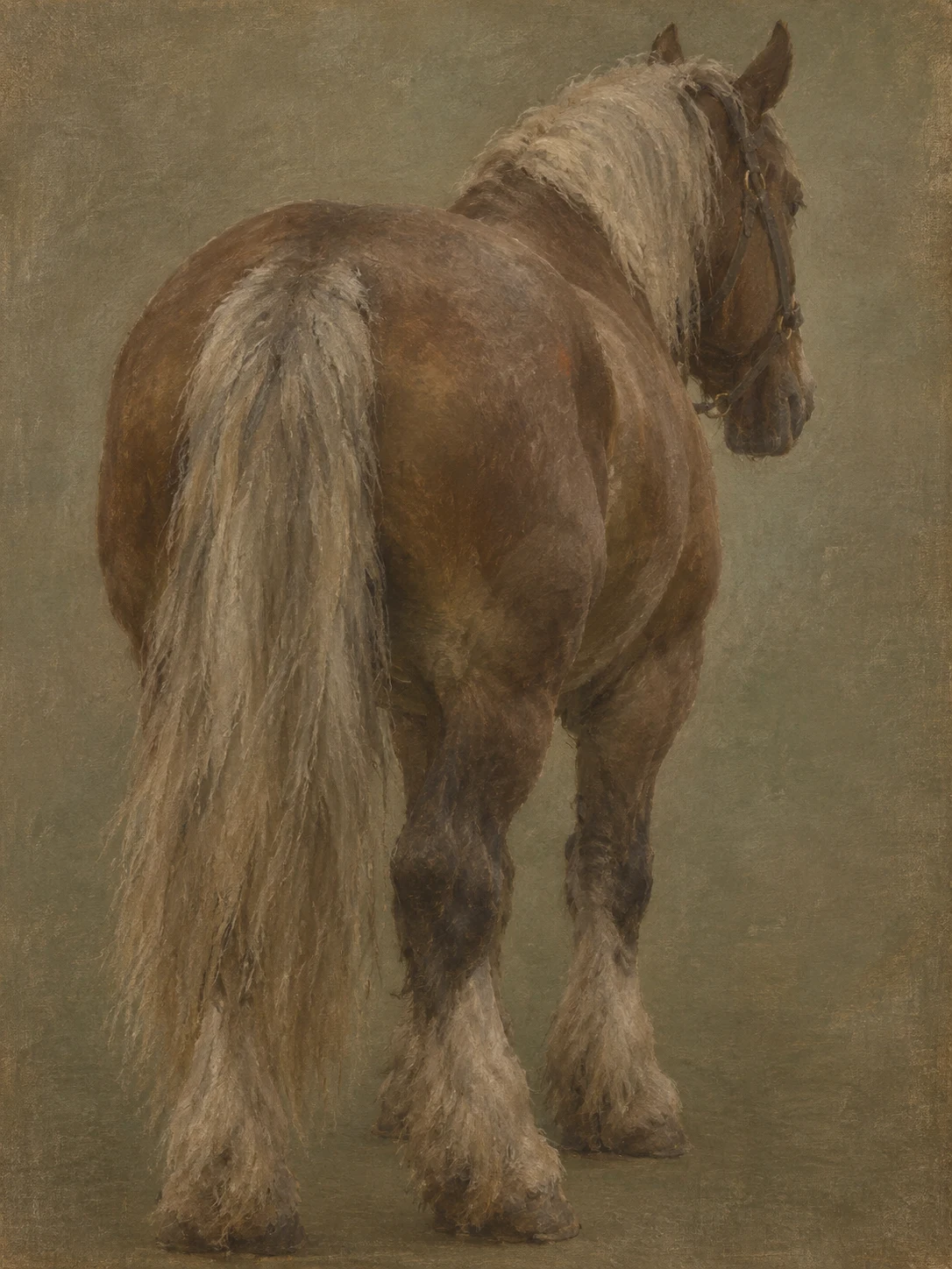 A working horse seen from behind in olive, brown, taupe; portrait artwork.