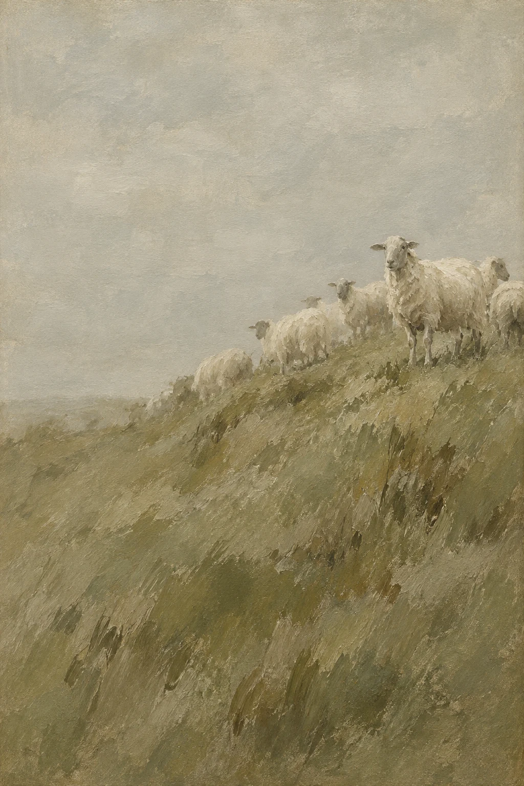 A flock of sheep as pale marks on a hill in stone, taupe, olive; portrait artwork.