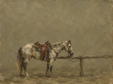 A saddled horse tied at a rail in taupe, olive, brown; landscape artwork.