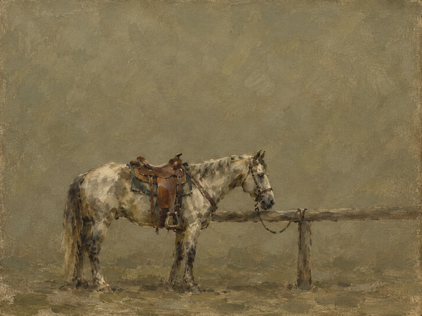 A saddled horse tied at a rail in taupe, olive, brown; landscape artwork.