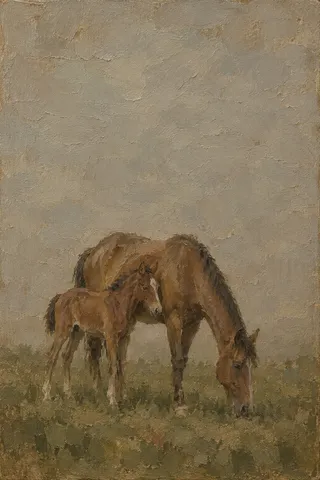 A foal close to its mother in taupe, sage, brown, olive; portrait artwork.