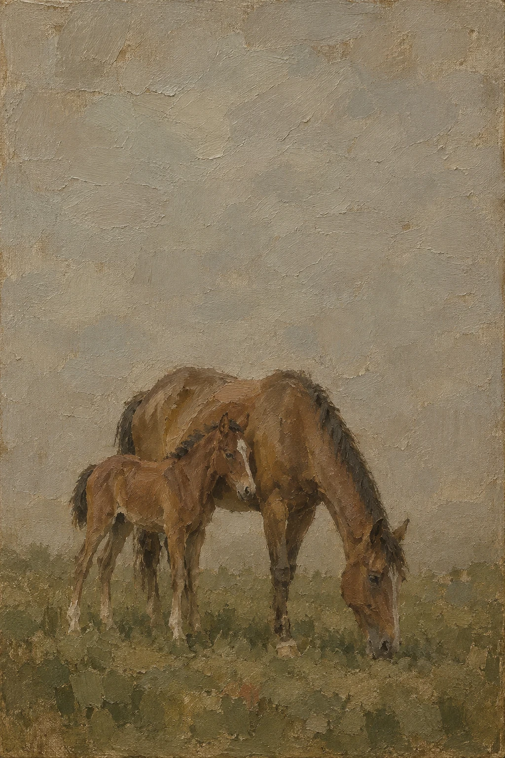 A foal close to its mother in taupe, sage, brown, olive; portrait artwork.
