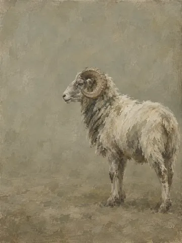 A ram in profile on bare ground in sage, taupe, olive, gray; portrait artwork.