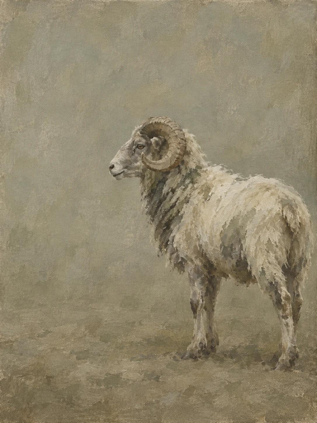 A ram in profile on bare ground in sage, taupe, olive, gray; portrait artwork.