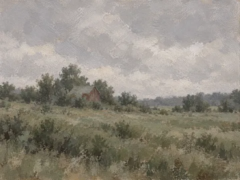 A red barn half hidden by trees in stone, olive, taupe, brown; landscape artwork.