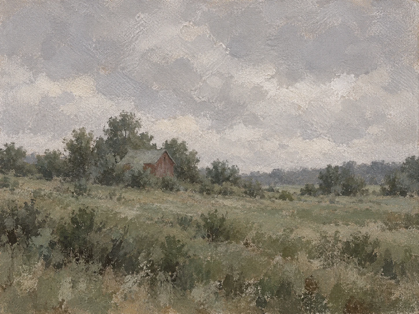 A red barn half hidden by trees in stone, olive, taupe, brown; landscape artwork.