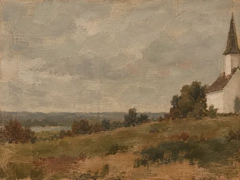 A white clapboard church on a rise in sage, brown, gray, olive; landscape artwork.