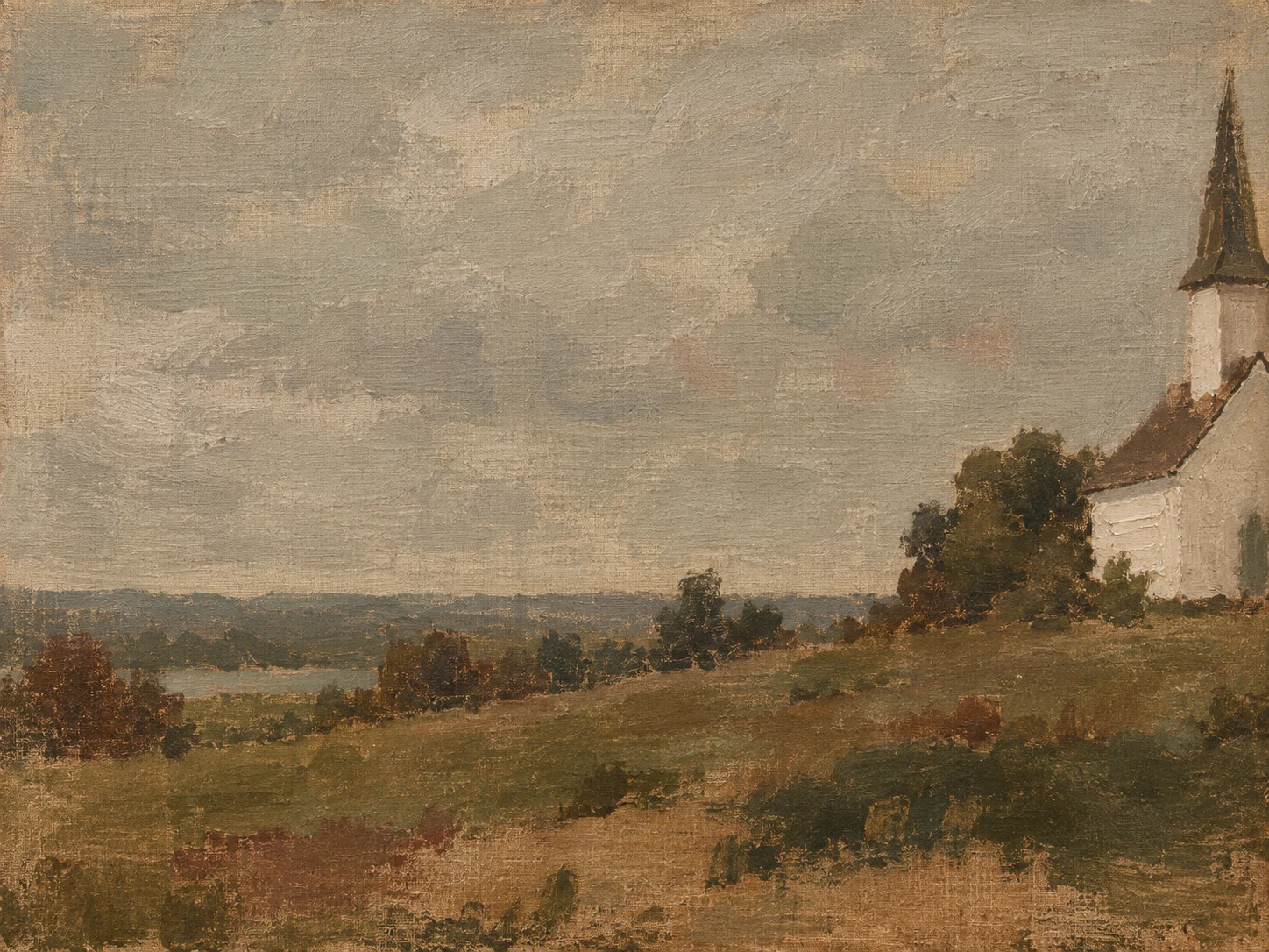 A white clapboard church on a rise in sage, brown, gray, olive; landscape artwork.
