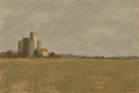 A grain silo against flat sky in gray, olive, taupe, sand; landscape artwork.