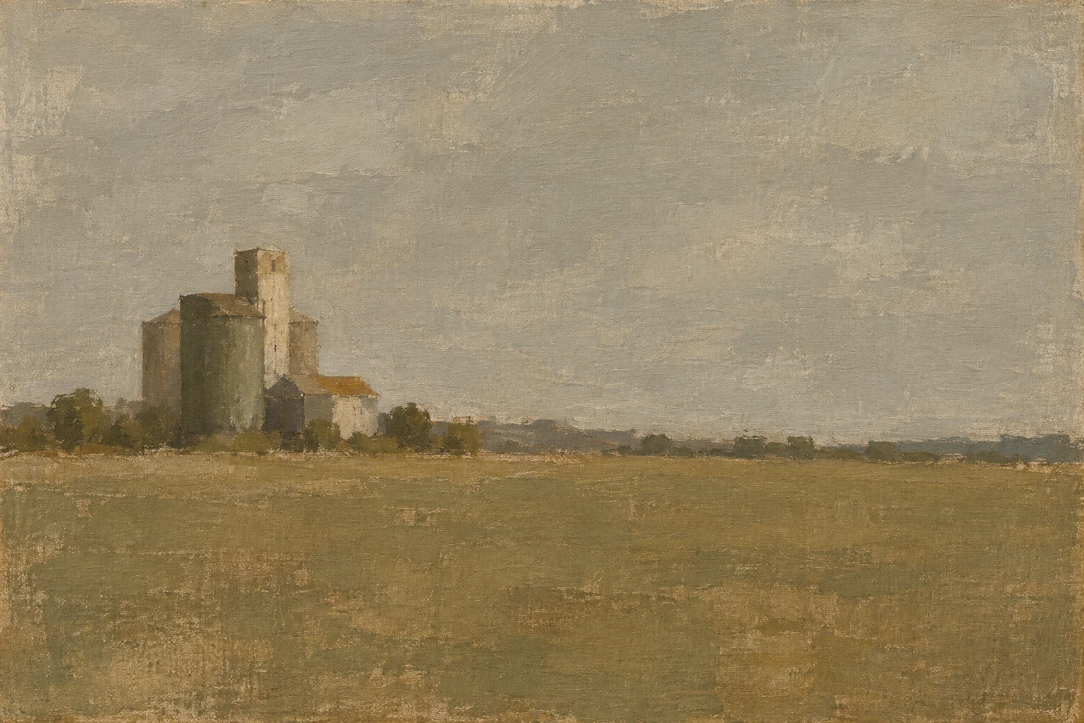 A grain silo against flat sky in gray, olive, taupe, sand; landscape artwork.