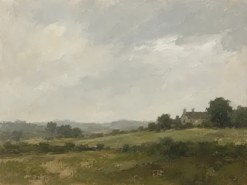 A farmhouse with one lit window in stone, brown, charcoal, cream; landscape artwork.