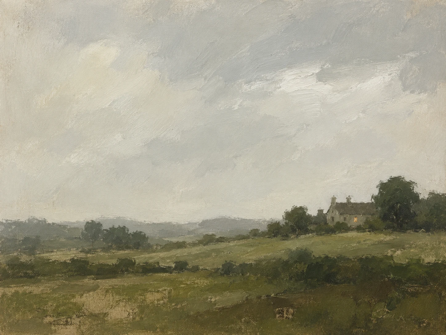 A farmhouse with one lit window in stone, brown, charcoal, cream; landscape artwork.