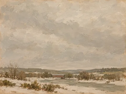 A covered bridge in winter in sand, stone, taupe, sage; landscape artwork.
