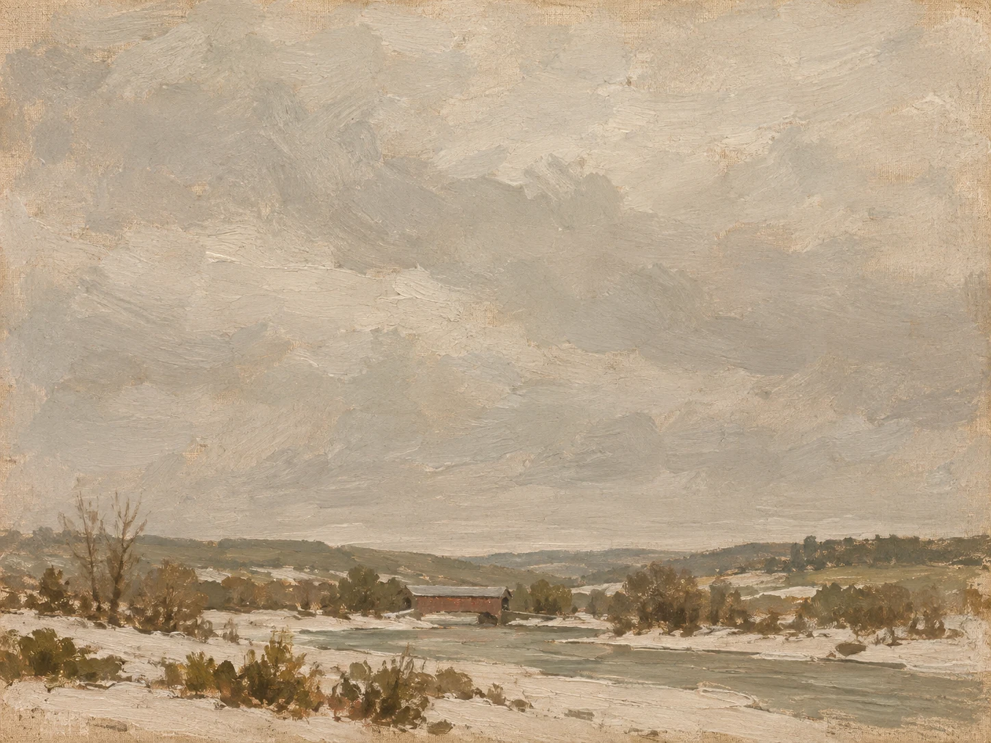 A covered bridge in winter in sand, stone, taupe, sage; landscape artwork.