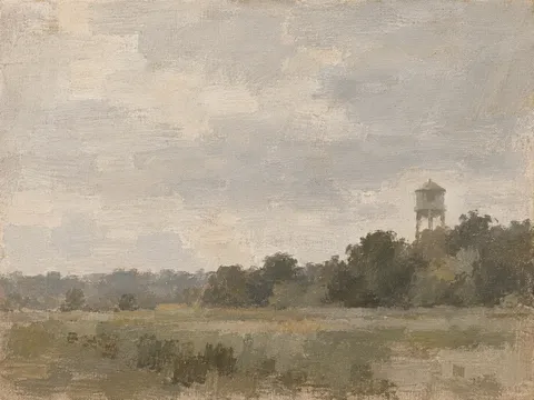 A water tower over a treeline in stone, taupe, sage, olive; landscape artwork.