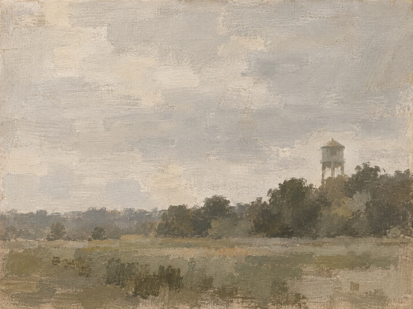 A water tower over a treeline in stone, taupe, sage, olive; landscape artwork.