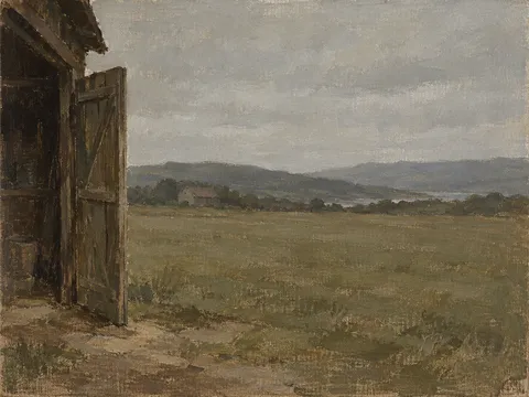 An open barn door seen from the yard in olive, gray, stone, brown; landscape artwork.