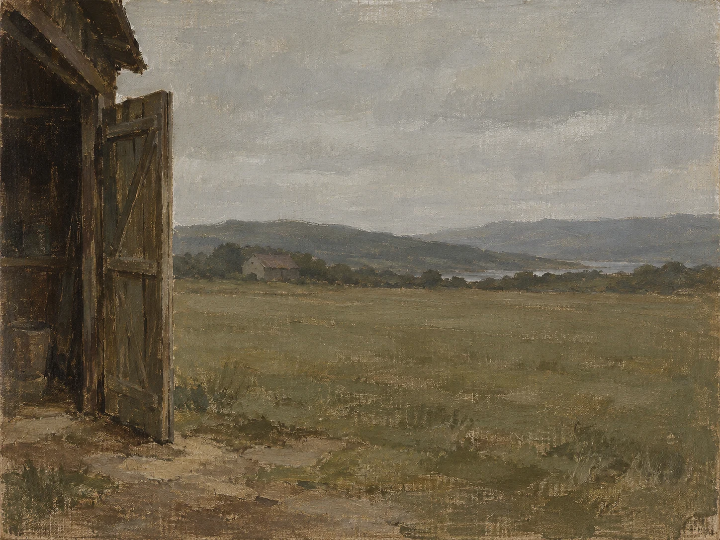 An open barn door seen from the yard in olive, gray, stone, brown; landscape artwork.