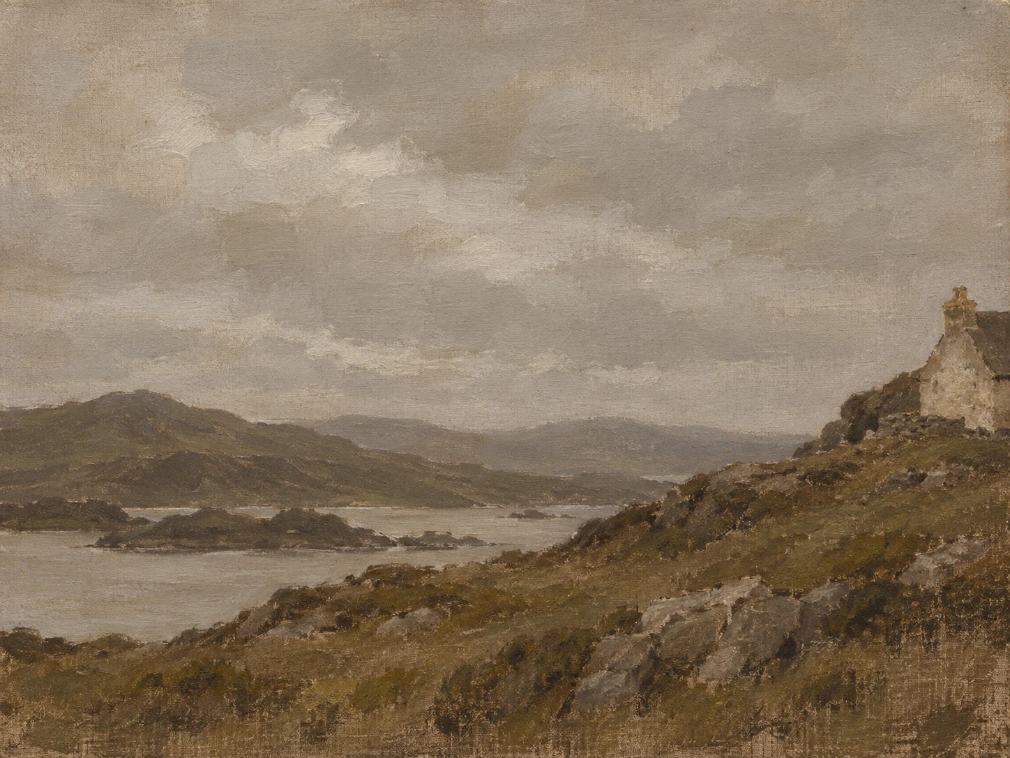 A pale stone cottage on a bare slope in gray, brown, olive, sand; landscape artwork.