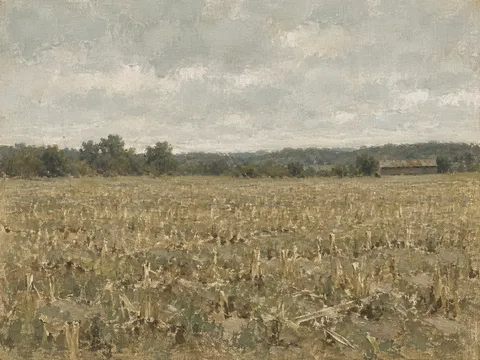 A long tobacco barn in a stubble field in taupe, stone, olive, sage; landscape artwork.