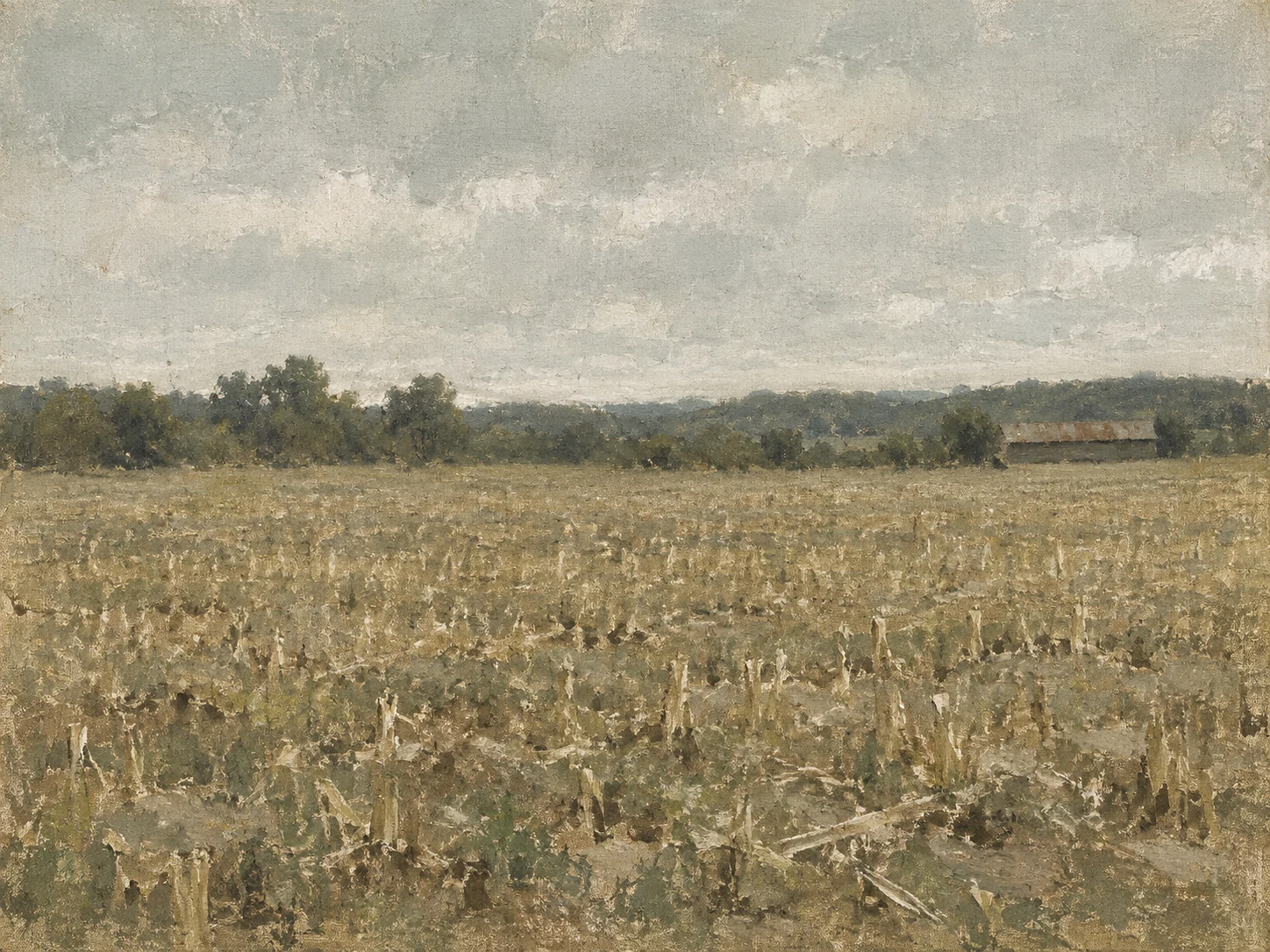 A long tobacco barn in a stubble field in taupe, stone, olive, sage; landscape artwork.