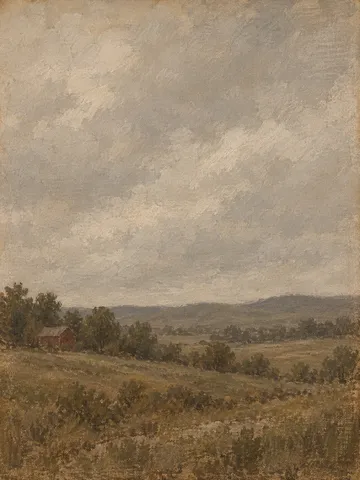 A red barn half hidden by trees in sand, brown, gray, olive; portrait artwork.