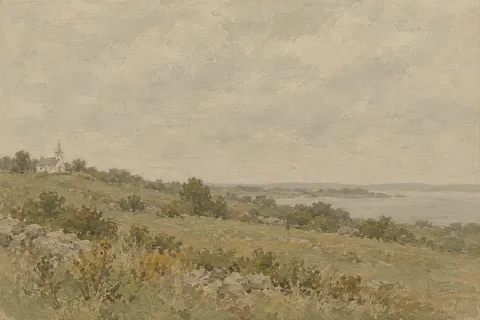 A white clapboard church on a rise in stone, taupe, olive, sand; landscape artwork.